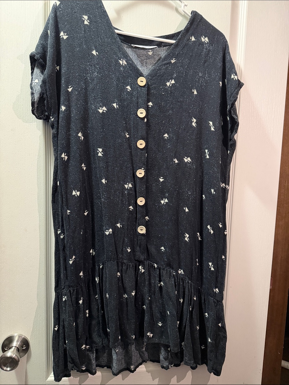 Button-Front Black Dress with White Triangle Print